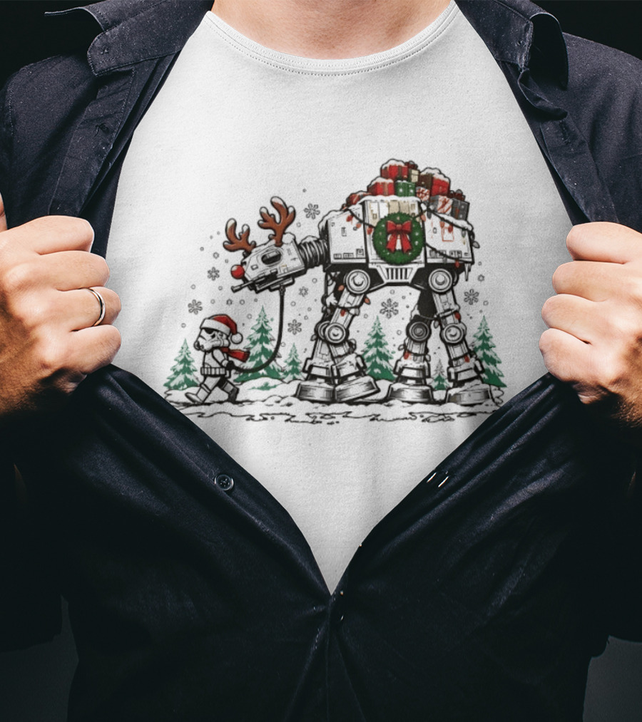 Star Wars Stormtrooper Leading Christmas AT AT Reindeer With Gifts T-Shirt