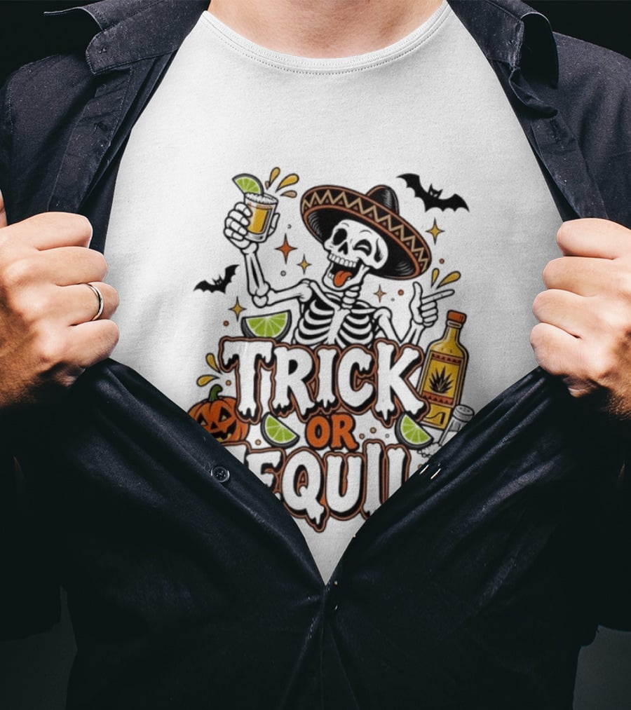 Trick Or Tequila Skeleton Sombrero Halloween Party Pumpkin Bats Lime T-Shirt