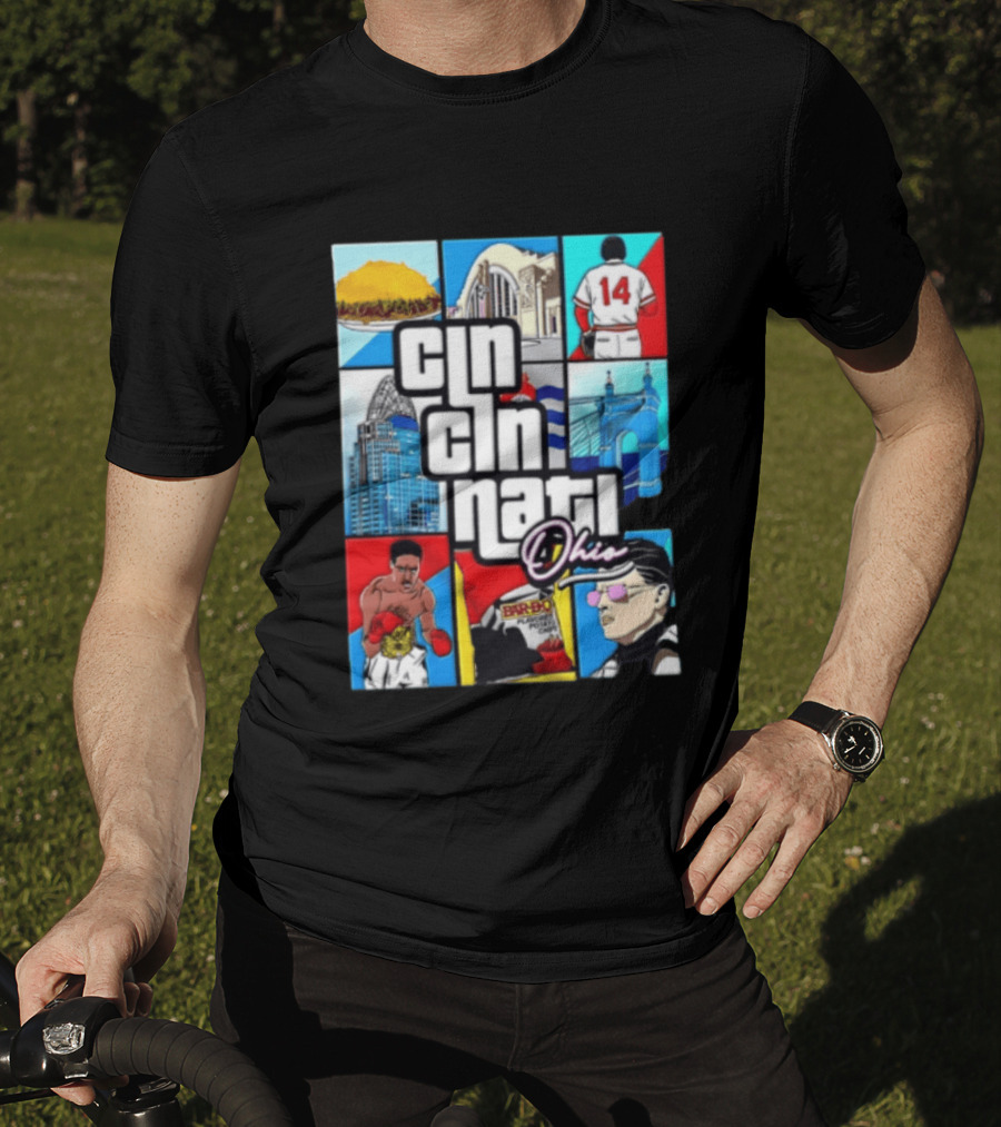 Cincinnati Ohio Landmarks GTA Style Tyler Henderson Alabama NCAA 14 T-Shirt
