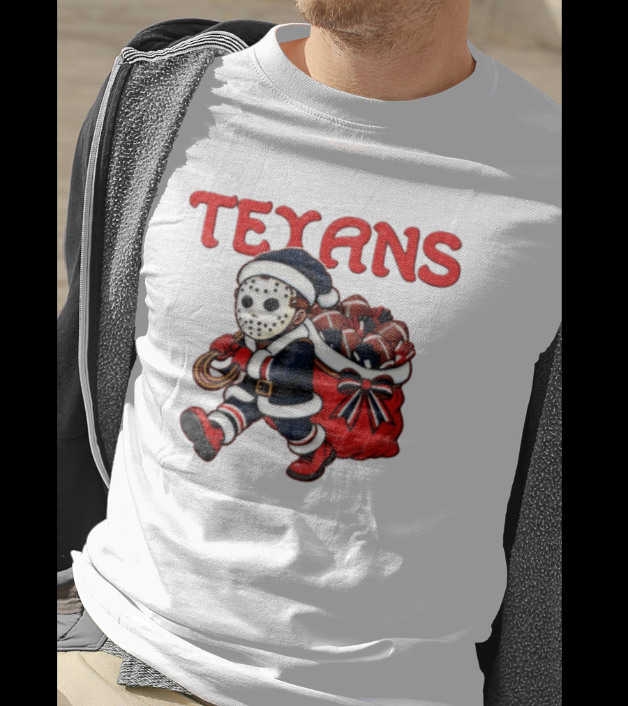 Houston Football Christmas Red And Navy Masked Santa T-Shirt