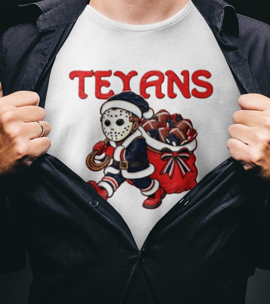 Houston Football Christmas Red And Navy Masked Santa T-Shirt