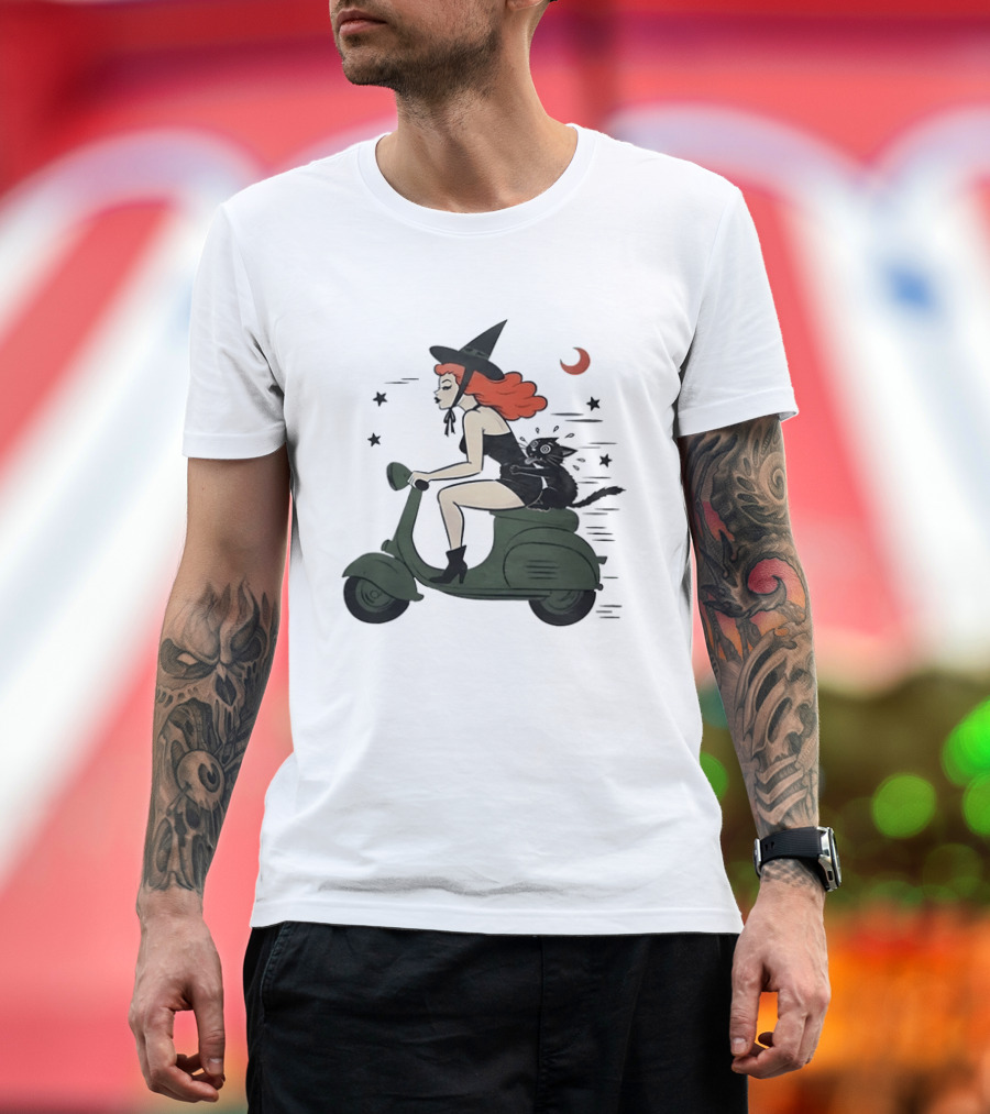 Witch Riding A Scooter With A Cat T-Shirt
