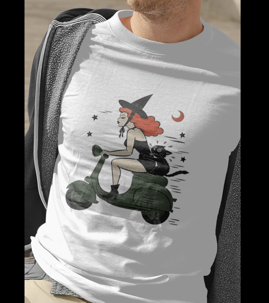 Witch Riding A Scooter With A Cat T-Shirt