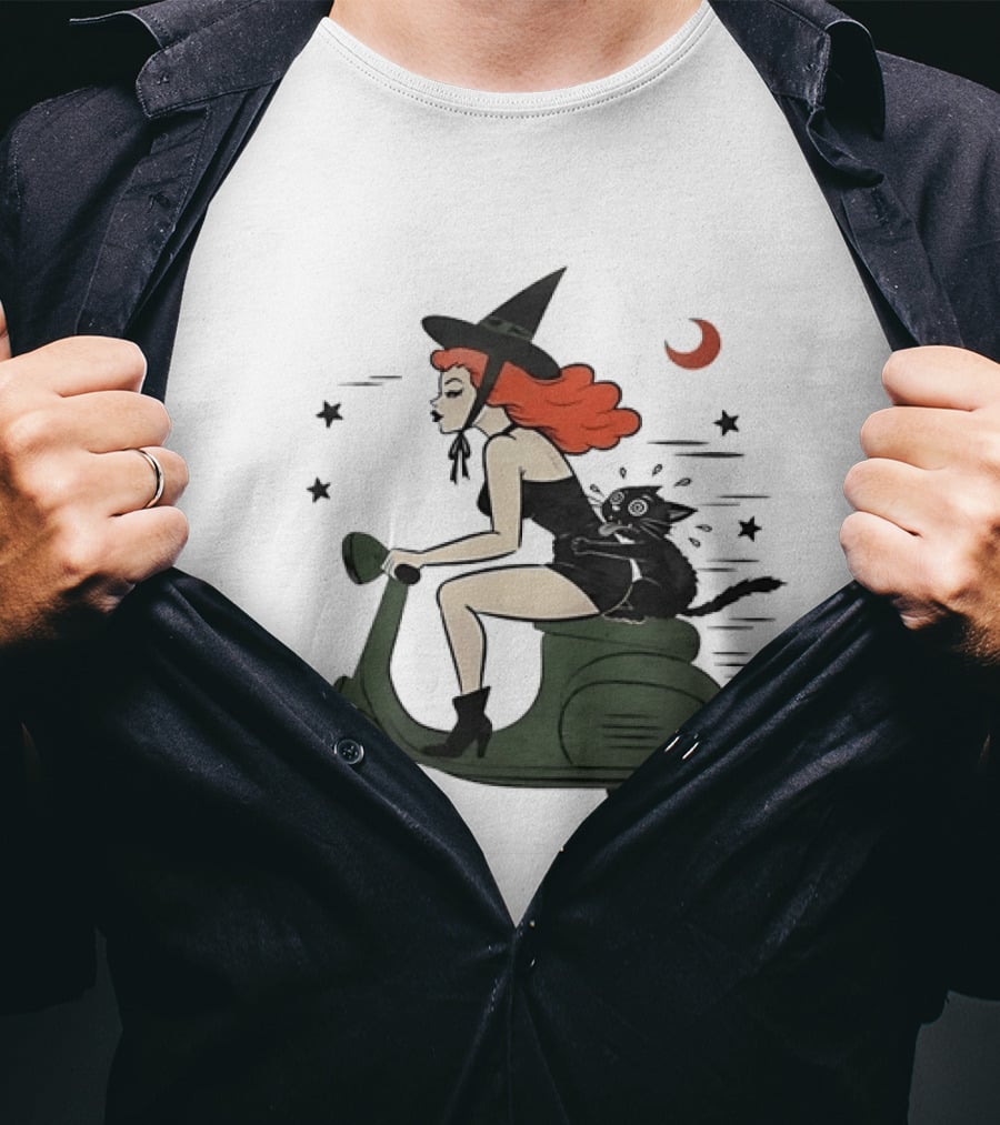 Witch Riding A Scooter With A Cat T-Shirt