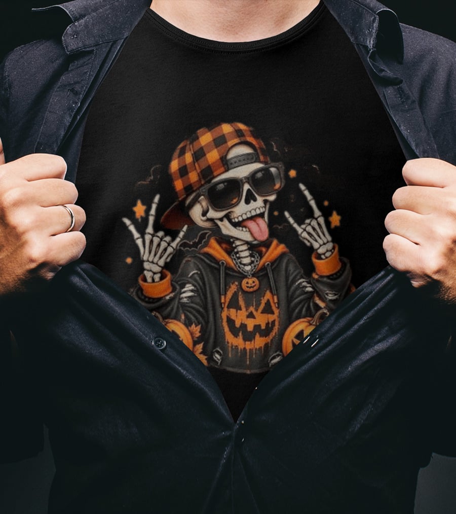 Skeleton Halloween Rocker With Plaid Hat And Pumpkins T-Shirt