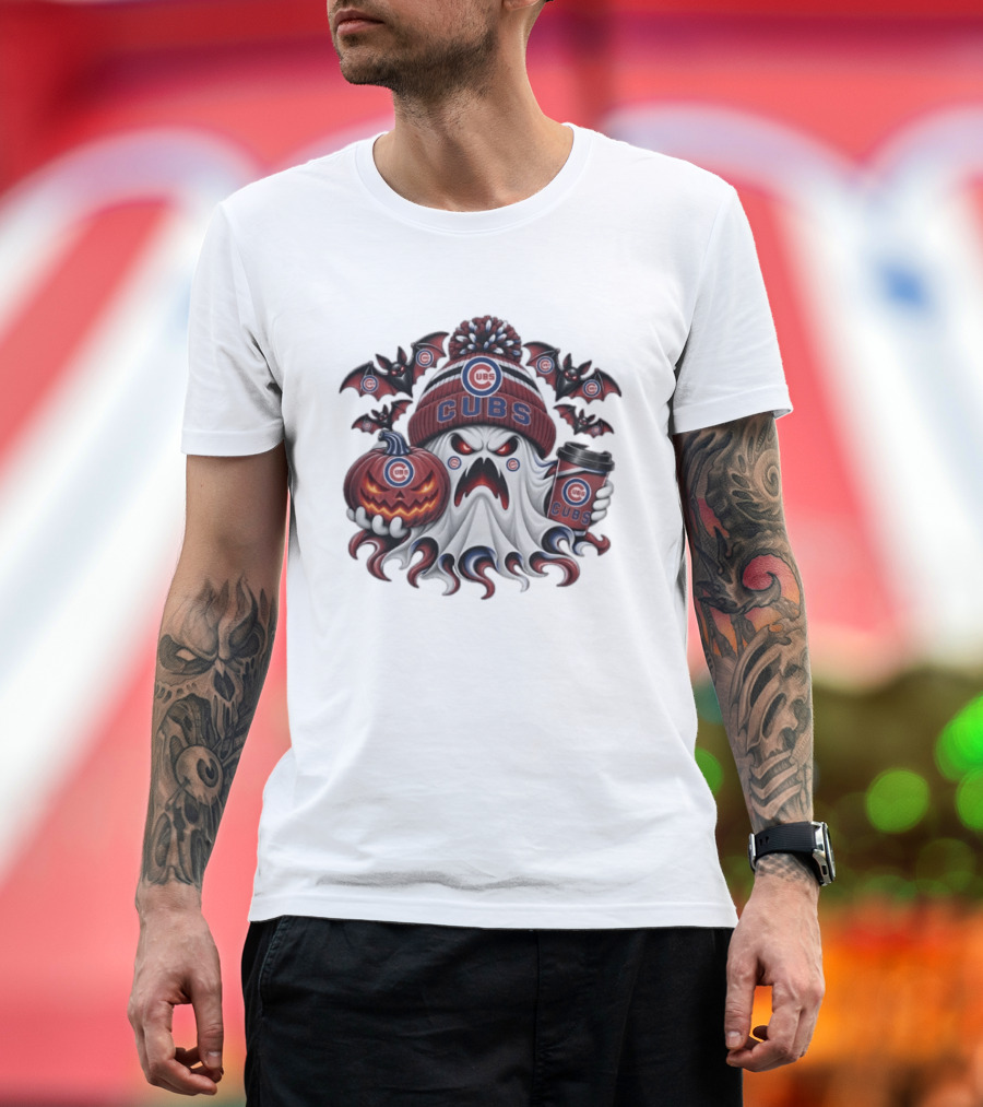 Chicago Cubs Halloween Ghost With Coffee And Pumpkin Bats T-Shirt