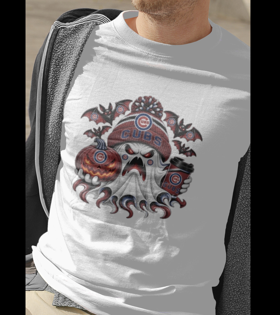 Chicago Cubs Halloween Ghost With Coffee And Pumpkin Bats T-Shirt