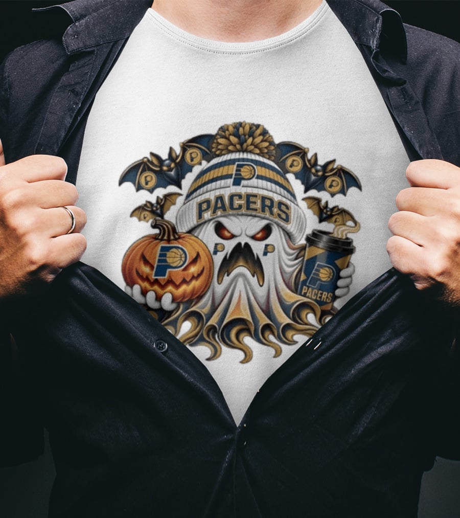Indiana Pacers Ghost Pumpkin Coffee Halloween Bats T-Shirt