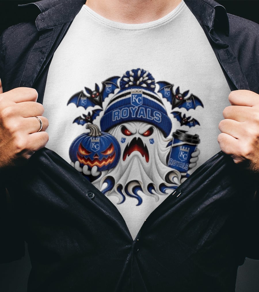 Kansas City Royals Halloween Ghost With Coffee And Pumpkin T-Shirt
