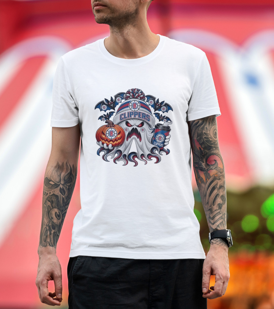 Los Angeles Clippers Spooky Ghost Halloween With Coffee And Pumpkin T-Shirt