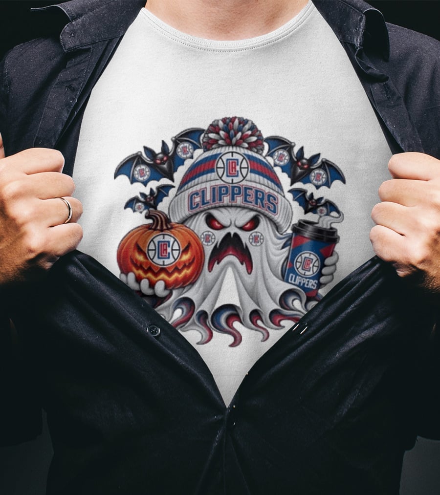 Los Angeles Clippers Spooky Ghost Halloween With Coffee And Pumpkin T-Shirt