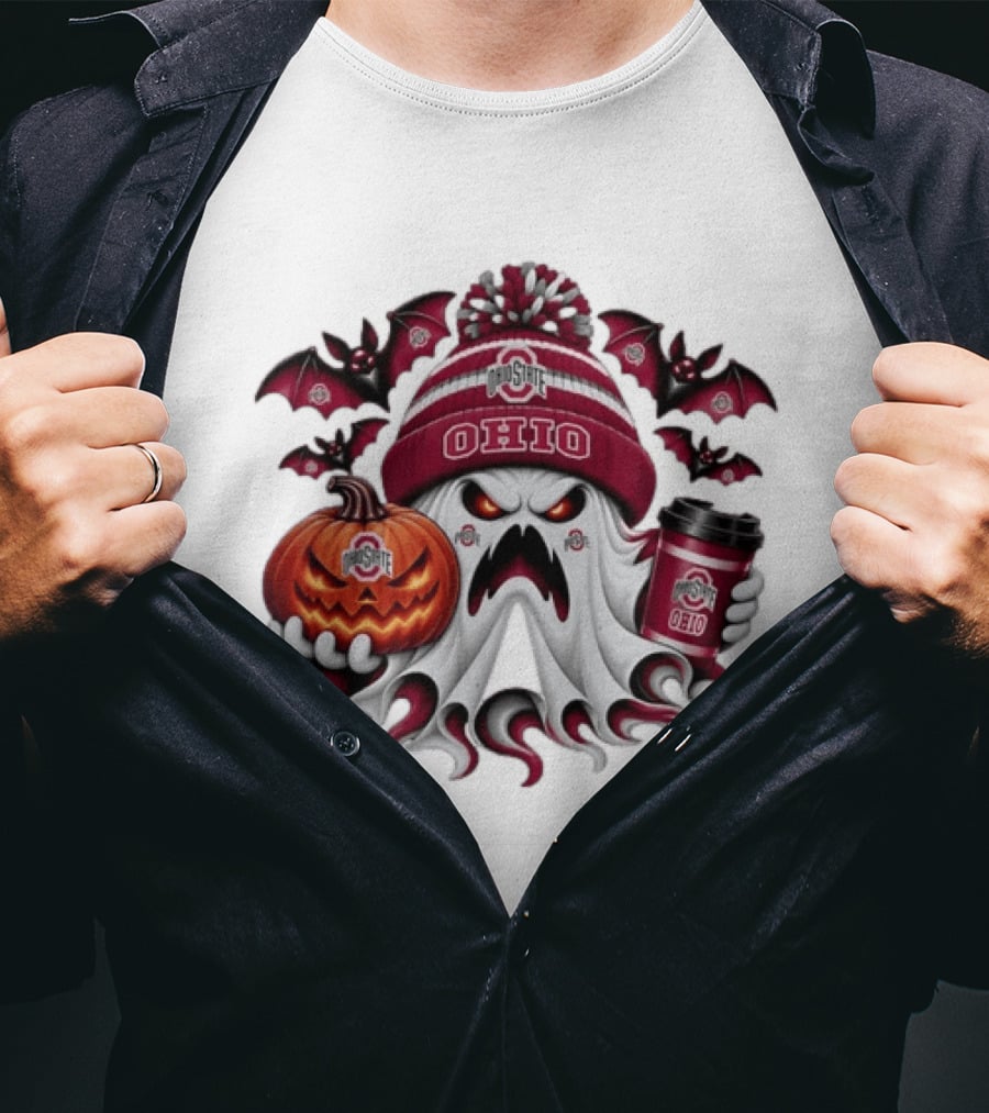 Ohio State Buckeyes Halloween Ghost Coffee Pumpkin Bats Spooky T-Shirt