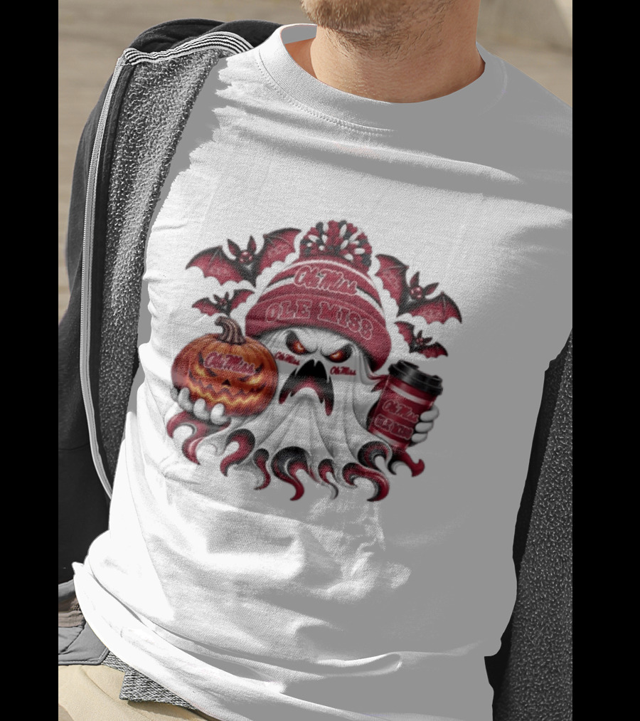 Ole Miss Rebels Halloween Ghost Pumpkin Coffee Spooky Bats T-Shirt