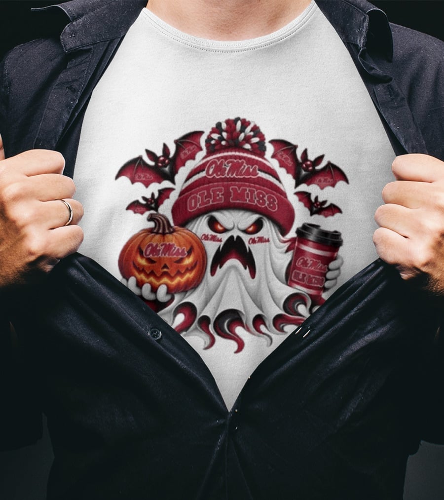Ole Miss Rebels Halloween Ghost Pumpkin Coffee Spooky Bats T-Shirt