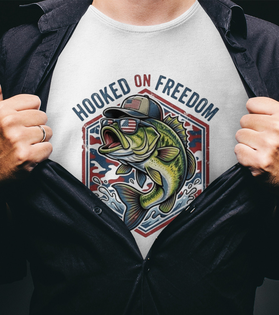 Hooked On Freedom Patriotic Bass Fishing T-Shirt