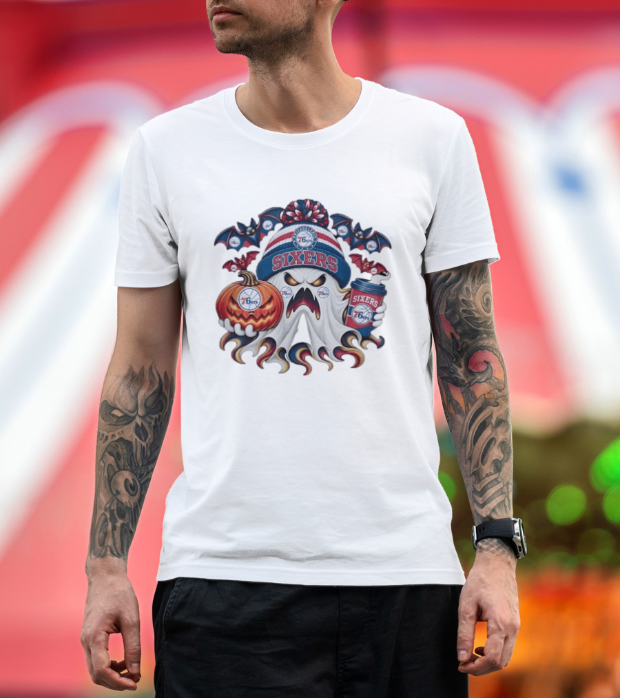 Philadelphia 76ers Spooky Ghost Halloween Coffee Pumpkin Bats T-Shirt