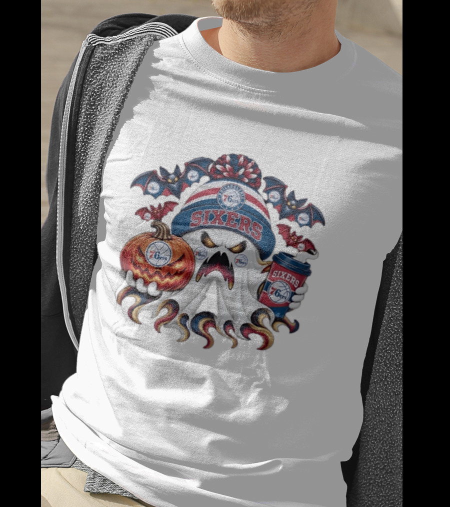 Philadelphia 76ers Spooky Ghost Halloween Coffee Pumpkin Bats T-Shirt