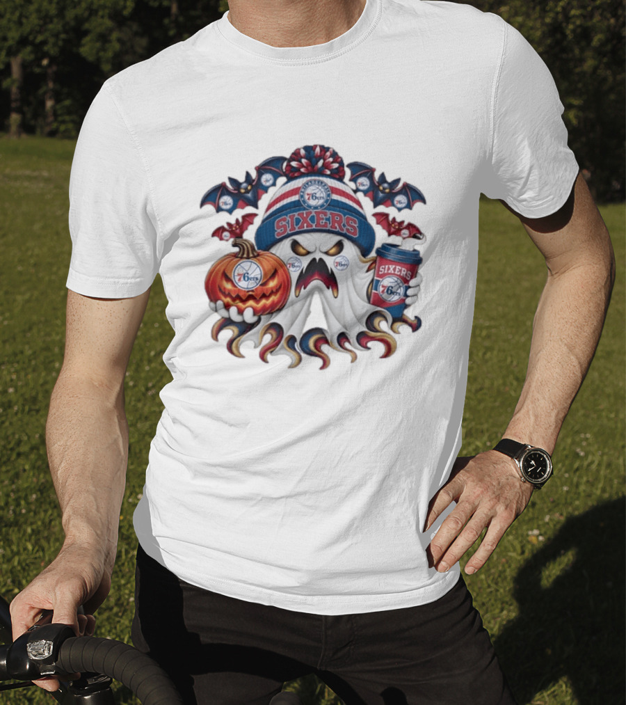 Philadelphia 76ers Spooky Ghost Halloween Coffee Pumpkin Bats T-Shirt