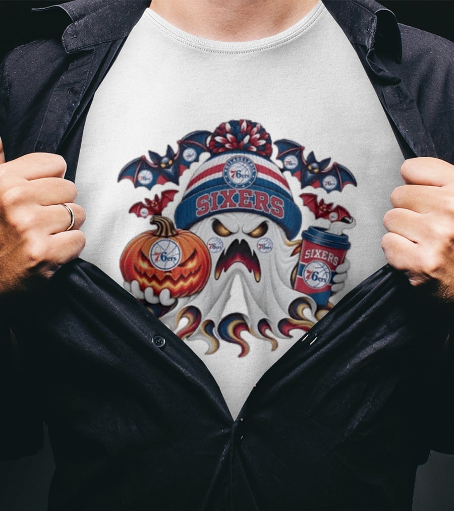 Philadelphia 76ers Spooky Ghost Halloween Coffee Pumpkin Bats T-Shirt
