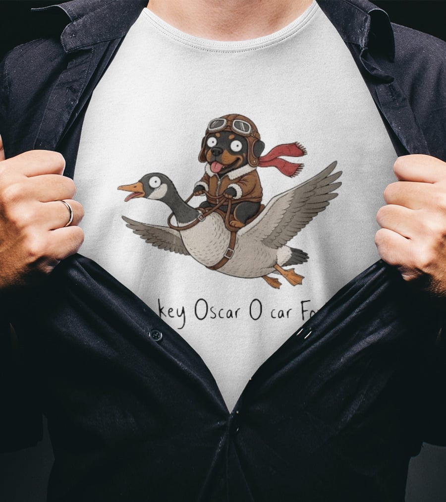 Rottweiler Pilot Riding A Goose Whiskey Oscar Oscar Foxtrot Aviation Adventure T-Shirt