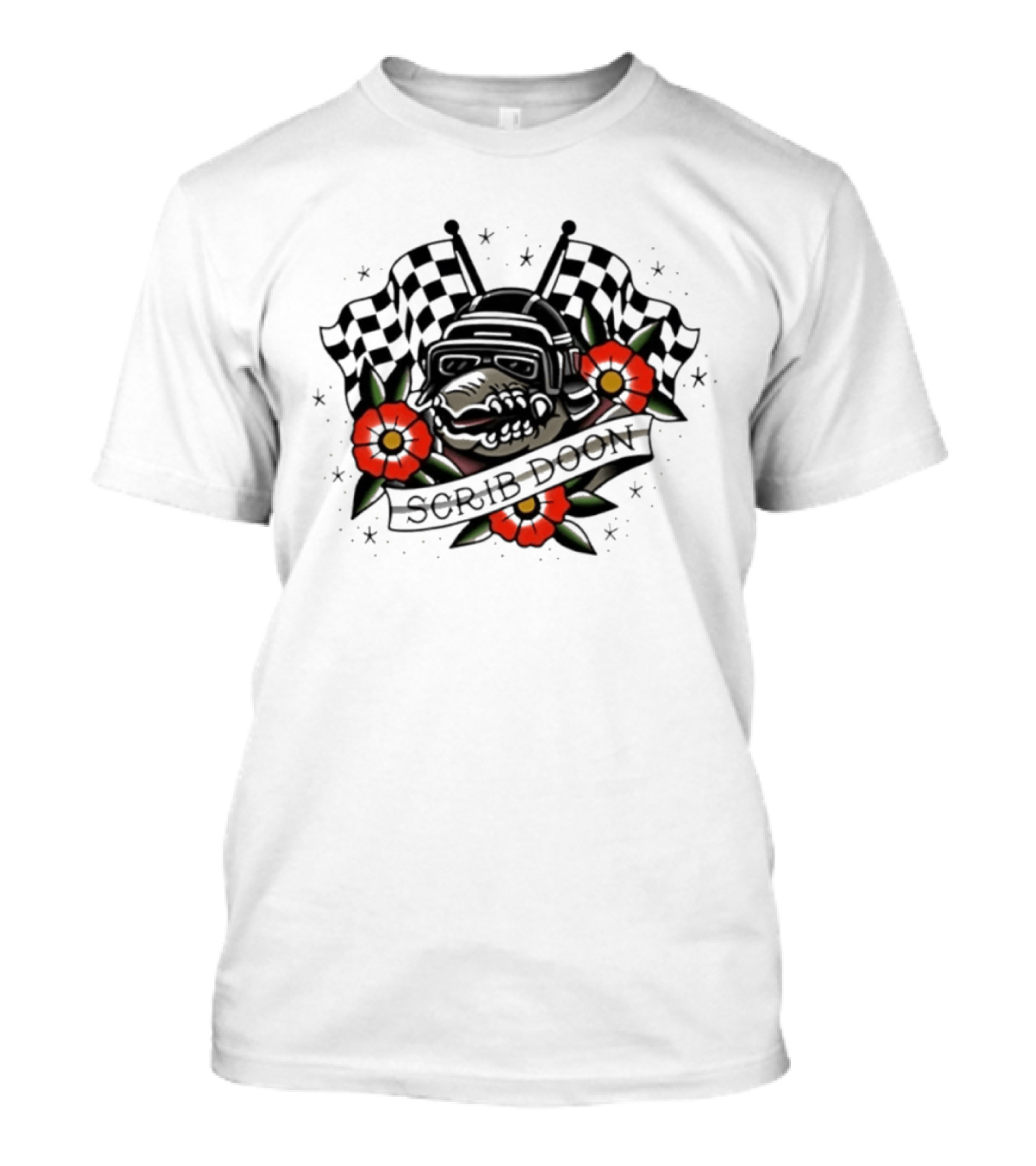 Scrib Doon Traditional Tattoo Racing Checkered Flags And Flowers T-Shirt