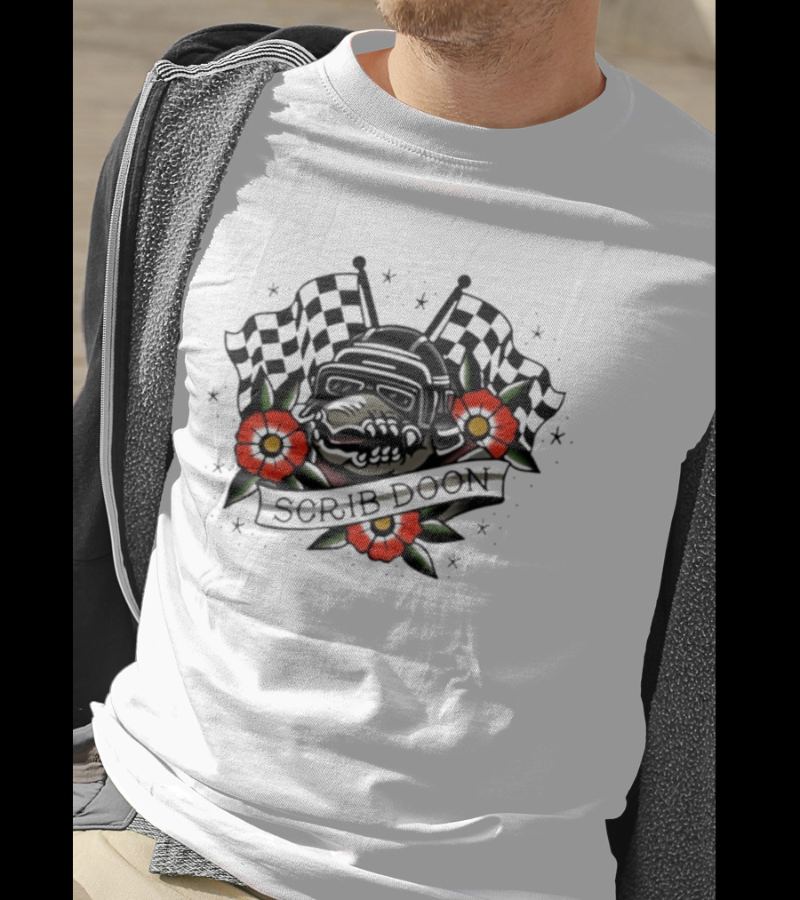 Scrib Doon Traditional Tattoo Racing Checkered Flags And Flowers T-Shirt