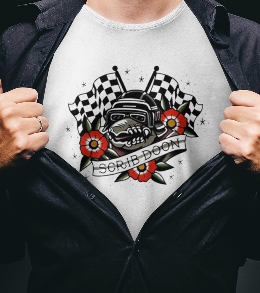 Scrib Doon Traditional Tattoo Racing Checkered Flags And Flowers T-Shirt