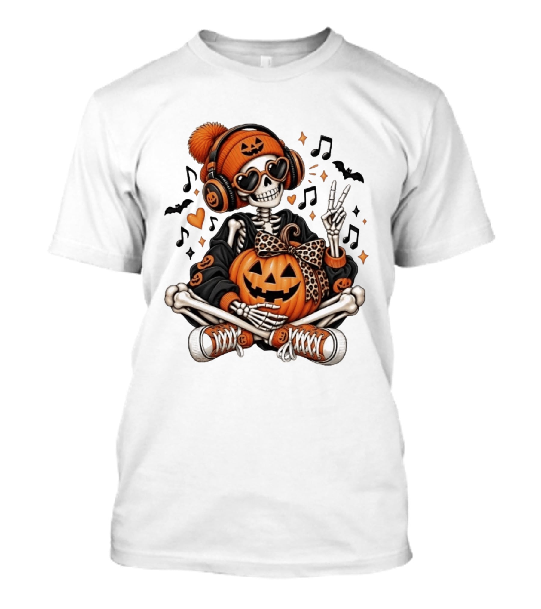 Skeleton In Pumpkin Beanie With Headphones Heart Sunglasses And Peace Sign T-Shirt