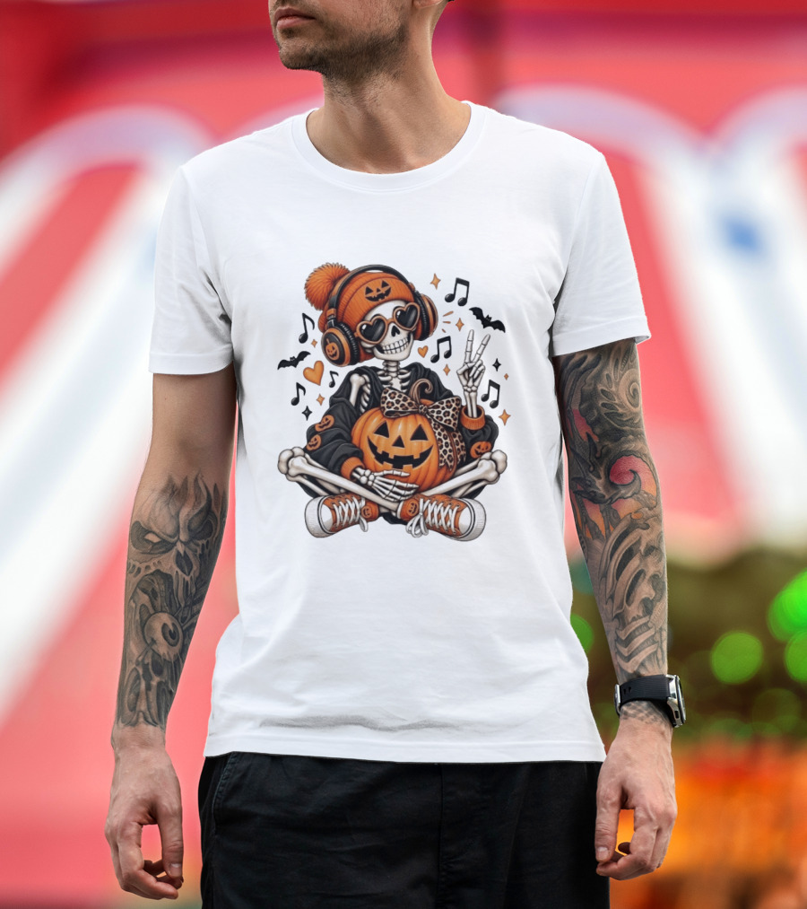 Skeleton In Pumpkin Beanie With Headphones Heart Sunglasses And Peace Sign T-Shirt