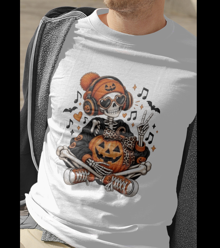 Skeleton In Pumpkin Beanie With Headphones Heart Sunglasses And Peace Sign T-Shirt