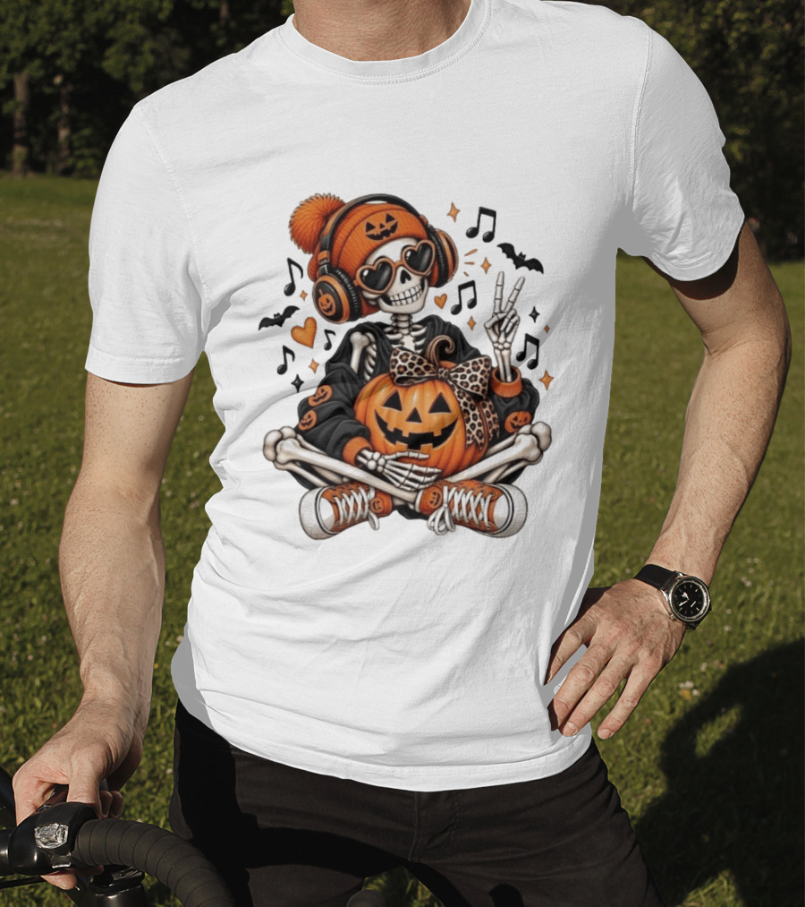 Skeleton In Pumpkin Beanie With Headphones Heart Sunglasses And Peace Sign T-Shirt