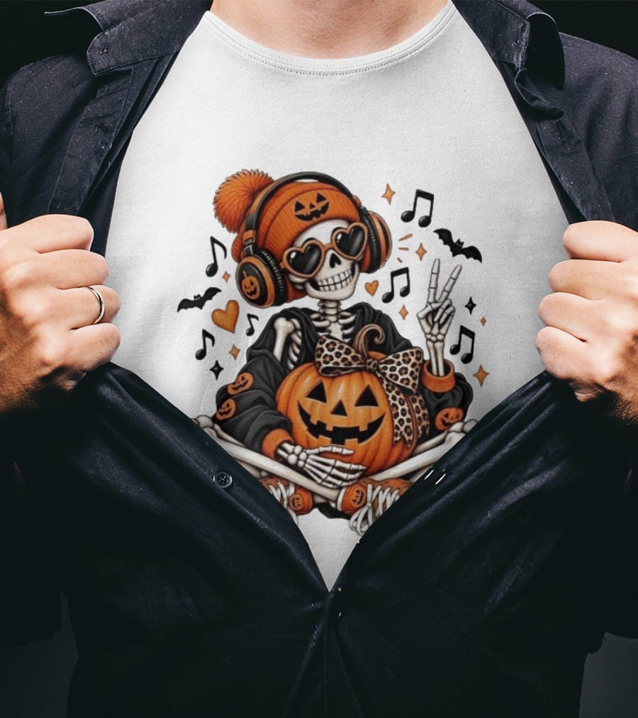 Skeleton In Pumpkin Beanie With Headphones Heart Sunglasses And Peace Sign T-Shirt