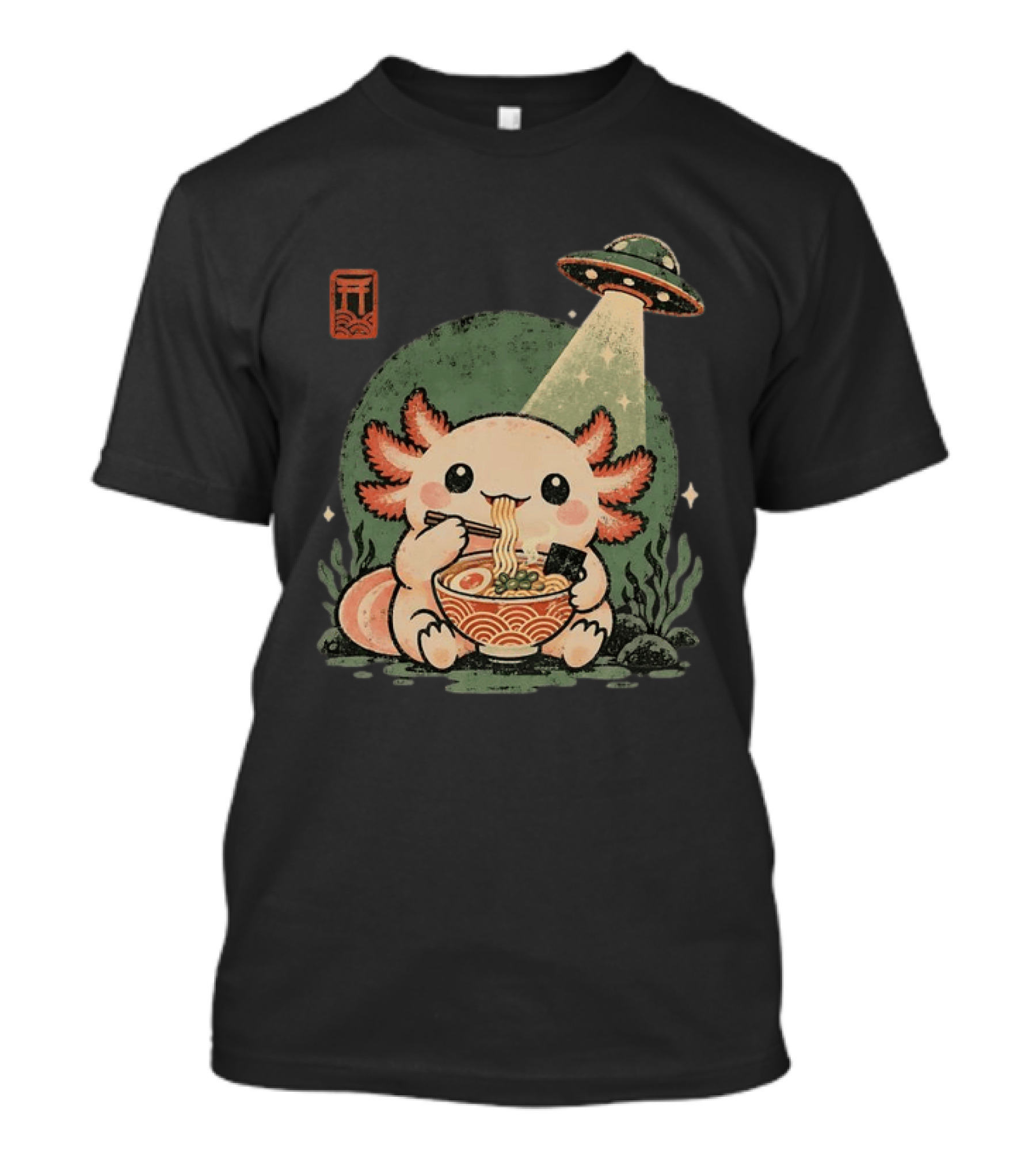 Axolotl Enjoying Ramen Under UFO Light With Japanese Distressed T-Shirt