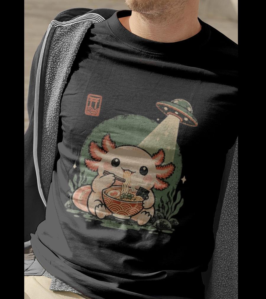 Axolotl Enjoying Ramen Under UFO Light With Japanese Distressed T-Shirt