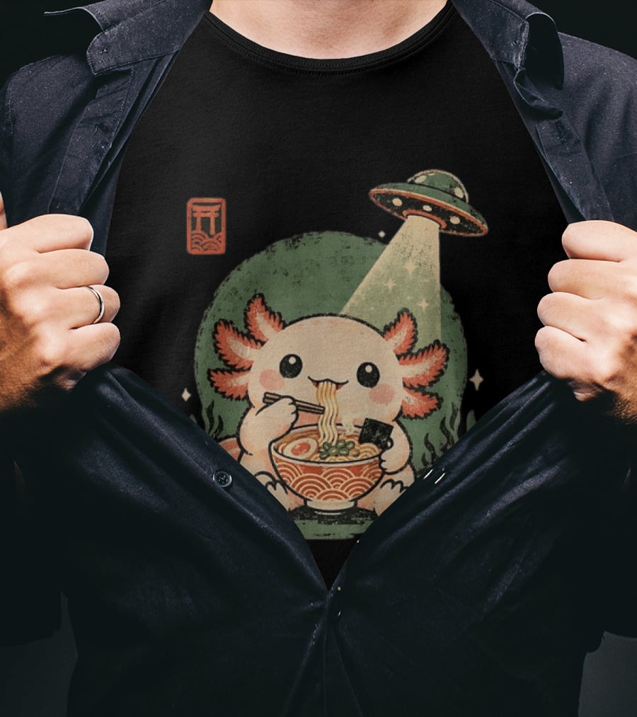 Axolotl Enjoying Ramen Under UFO Light With Japanese Distressed T-Shirt