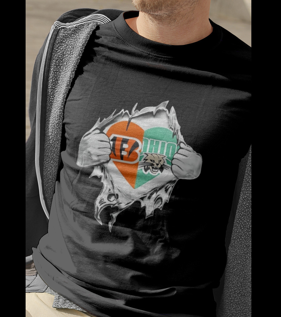 Cincinnati Bengals Ohio Bobcats Heart Superman Chest Rip T-Shirt