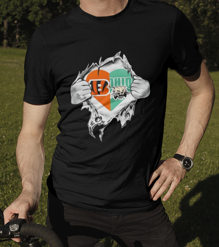 Cincinnati Bengals Ohio Bobcats Heart Superman Chest Rip T-Shirt