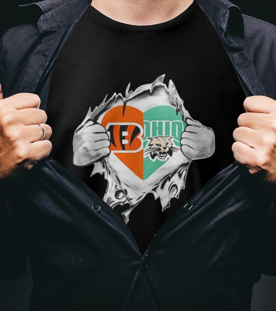 Cincinnati Bengals Ohio Bobcats Heart Superman Chest Rip T-Shirt