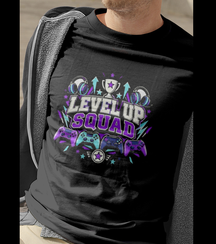Level Up Squad Gaming Gamer Video Games Controllers Headsets Trophy Stars T-Shirt