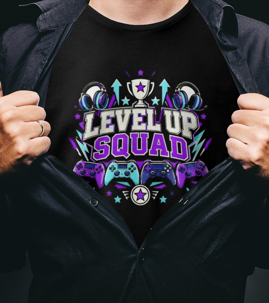 Level Up Squad Gaming Gamer Video Games Controllers Headsets Trophy Stars T-Shirt