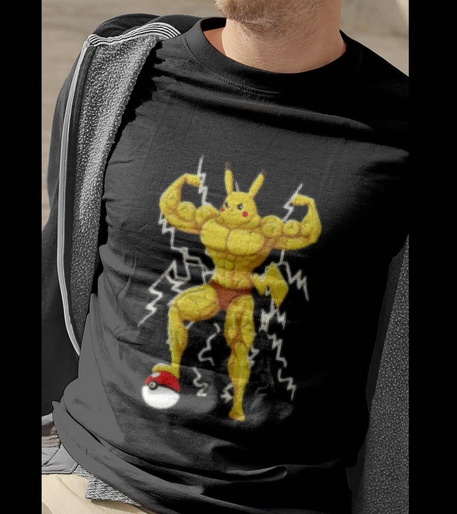 Pikachu Muscular Pokemon Character Flexing Lightning Power T-Shirt