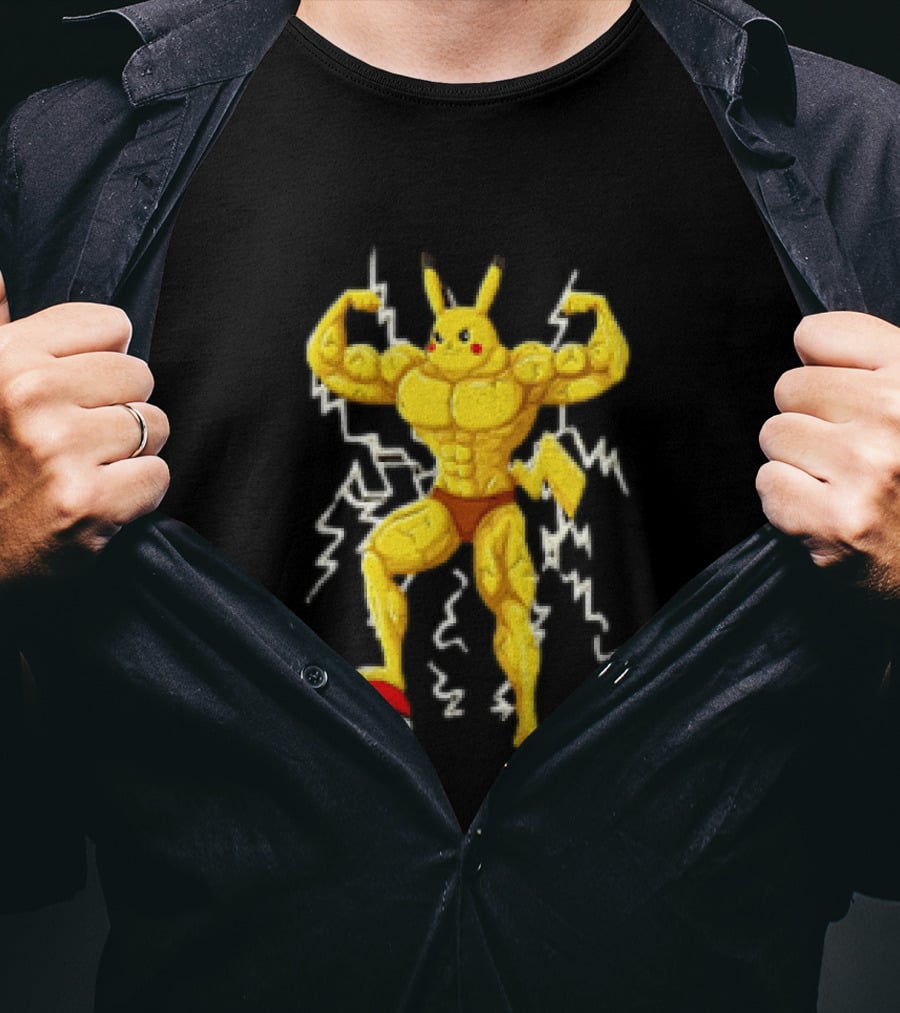 Pikachu Muscular Pokemon Character Flexing Lightning Power T-Shirt