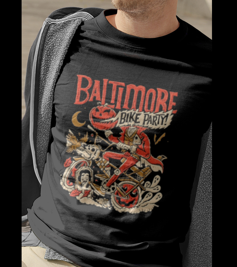 Baltimore Bike Party Halloween Headless Horseman Pumpkin Biker Moon Owl T-Shirt