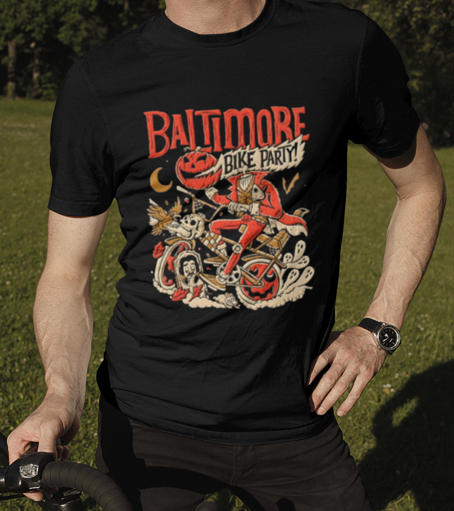 Baltimore Bike Party Halloween Headless Horseman Pumpkin Biker Moon Owl T-Shirt