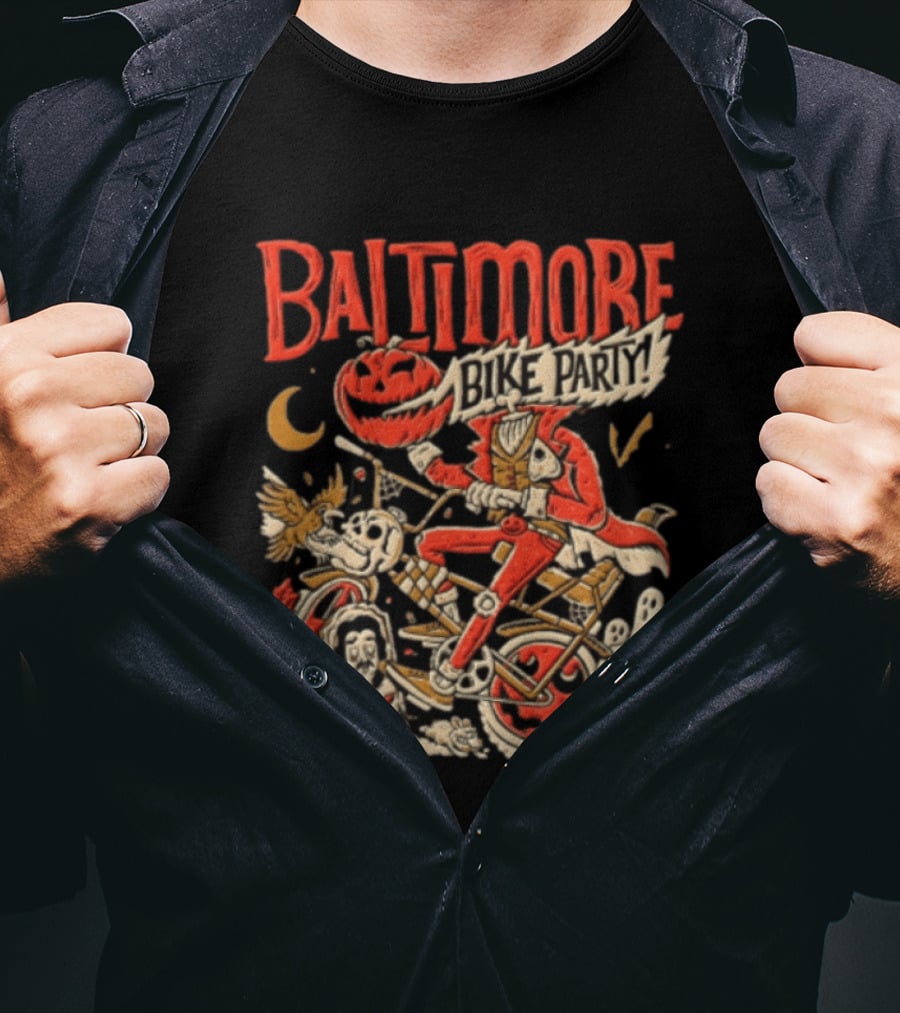 Baltimore Bike Party Halloween Headless Horseman Pumpkin Biker Moon Owl T-Shirt