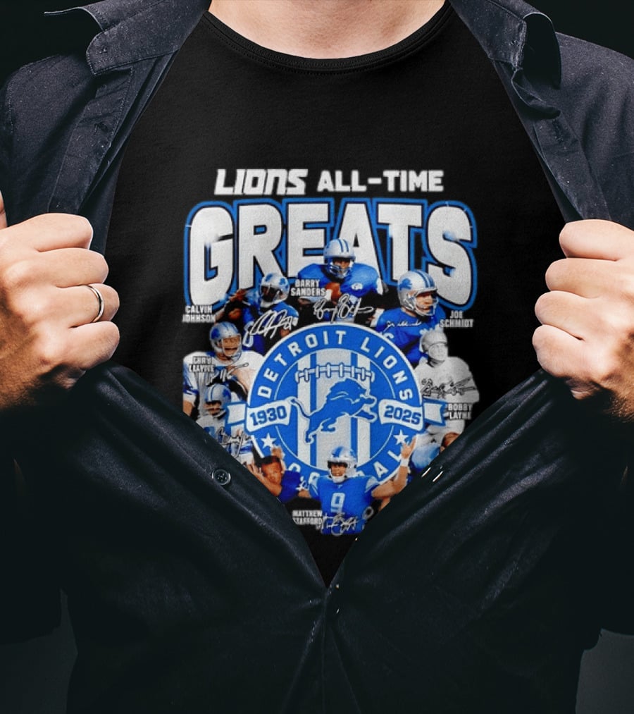 Detroit Lions All Time Greats Featuring Barry Sanders And Matthew Stafford T-Shirt