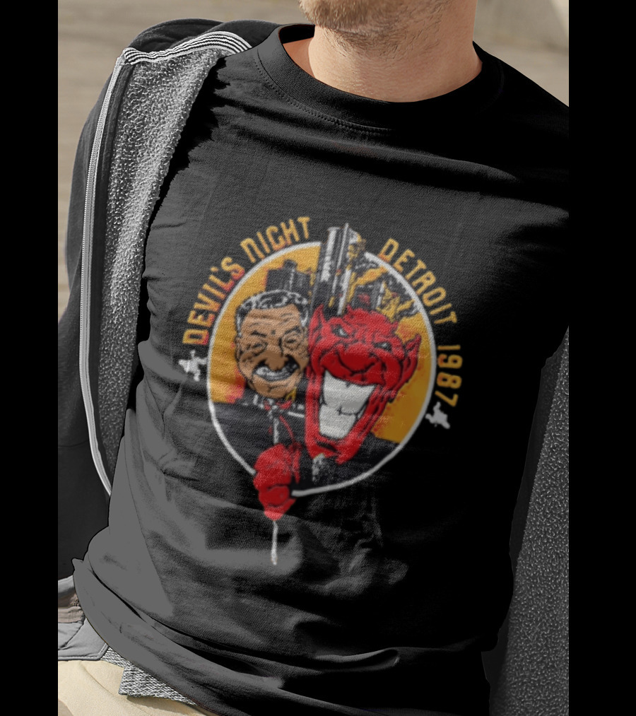 Devils Night 1987 Detroit Man And Red Devil Cartoon Skyline T-Shirt