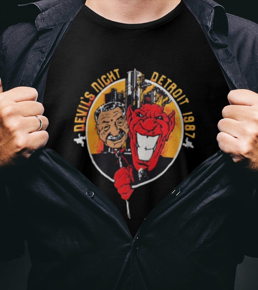 Devils Night 1987 Detroit Man And Red Devil Cartoon Skyline T-Shirt