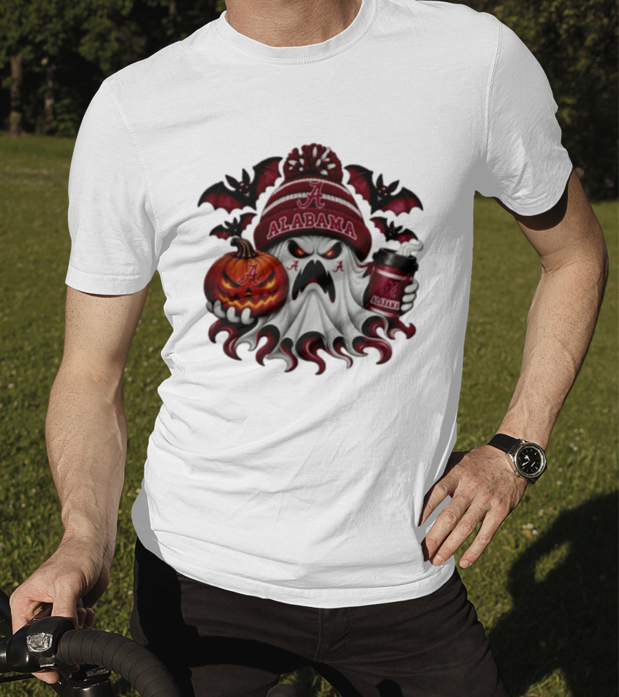 Alabama Crimson Tide Halloween Ghost With Pumpkin And Coffee 2026 T-Shirt
