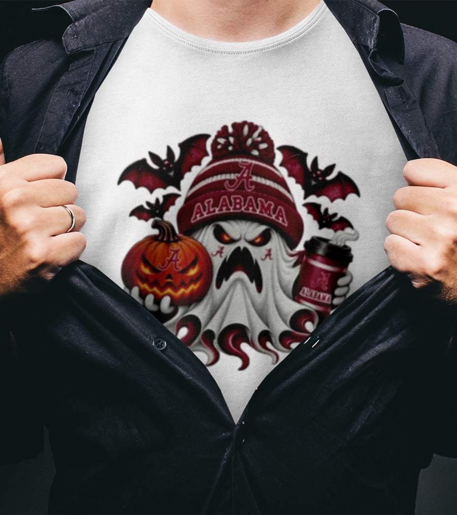 Alabama Crimson Tide Halloween Ghost With Pumpkin And Coffee 2026 T-Shirt
